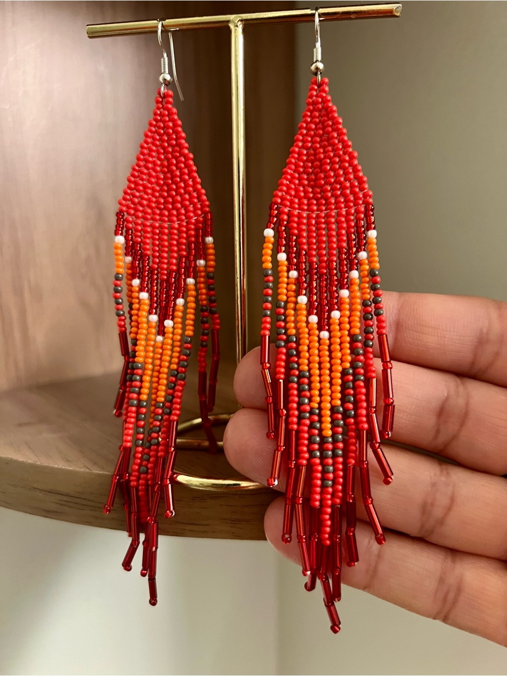 Cherry Red Beaded Fringe Earrings